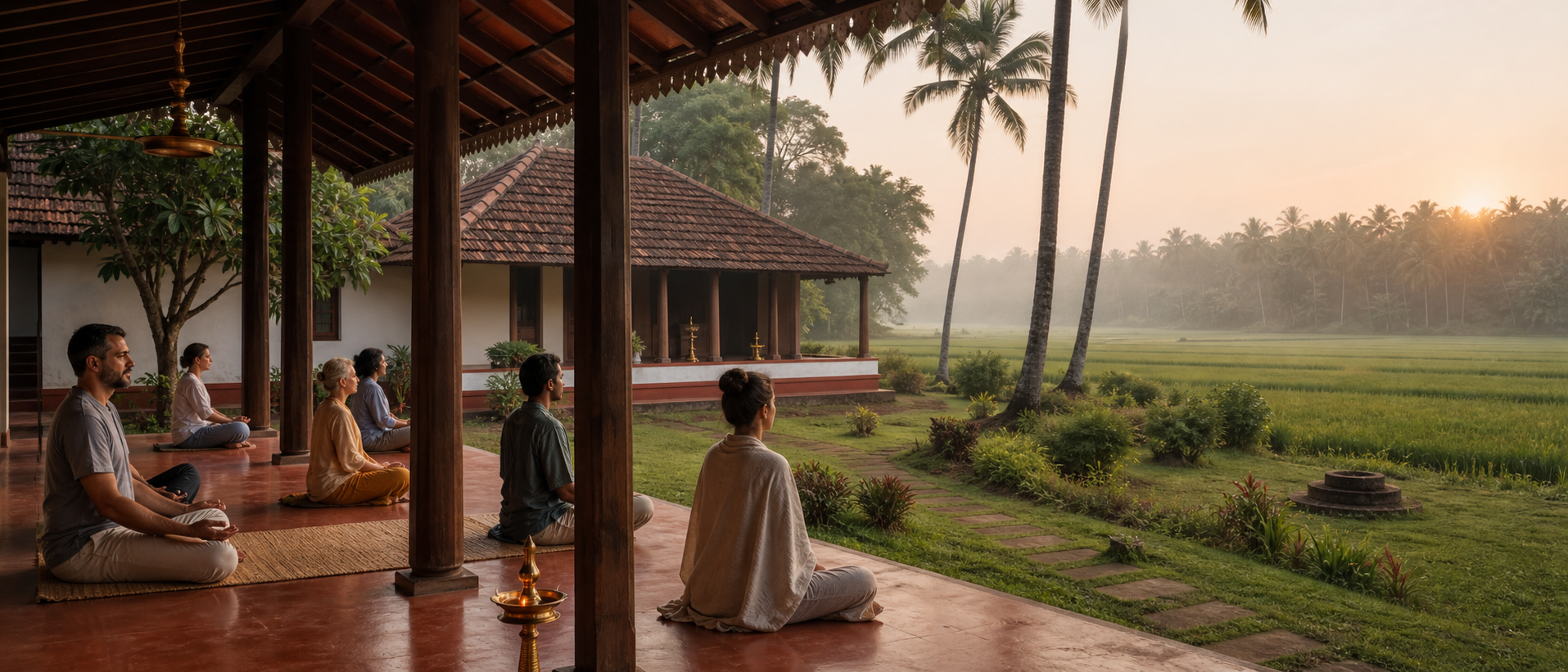 Kerala paddy fields and coconut palms at sunset