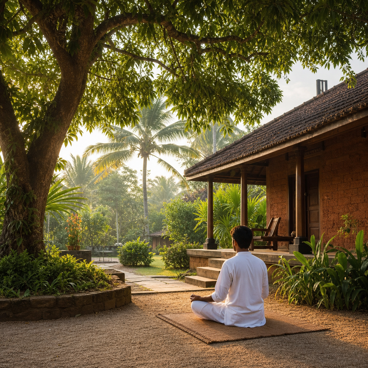 Meditation practice in a peaceful Kerala retreat courtyard